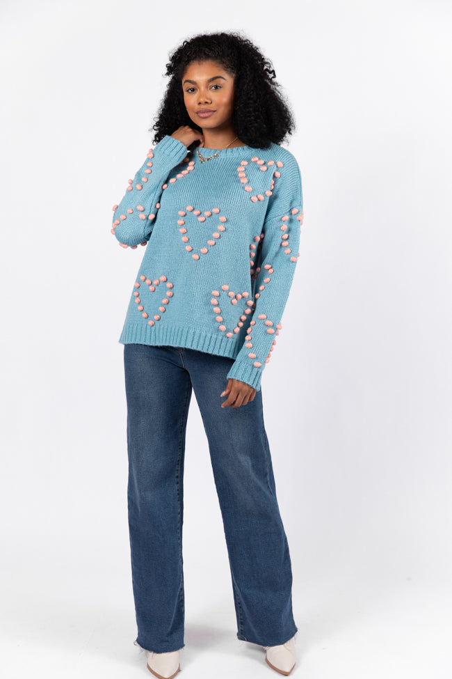 Adore You Blue and Pink Oversized Heart Pom Sweater FINAL SALE-Sunny Prom