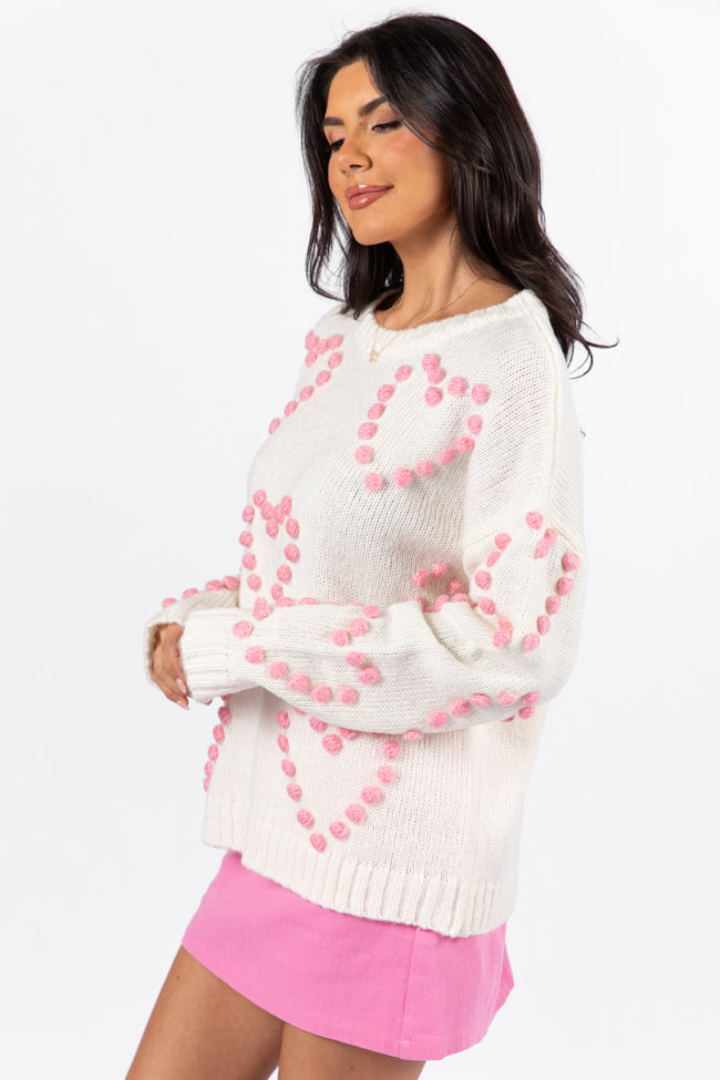 Adore You Ivory and Pink Oversized Heart Pom Sweater FINAL SALE-Sunny Prom