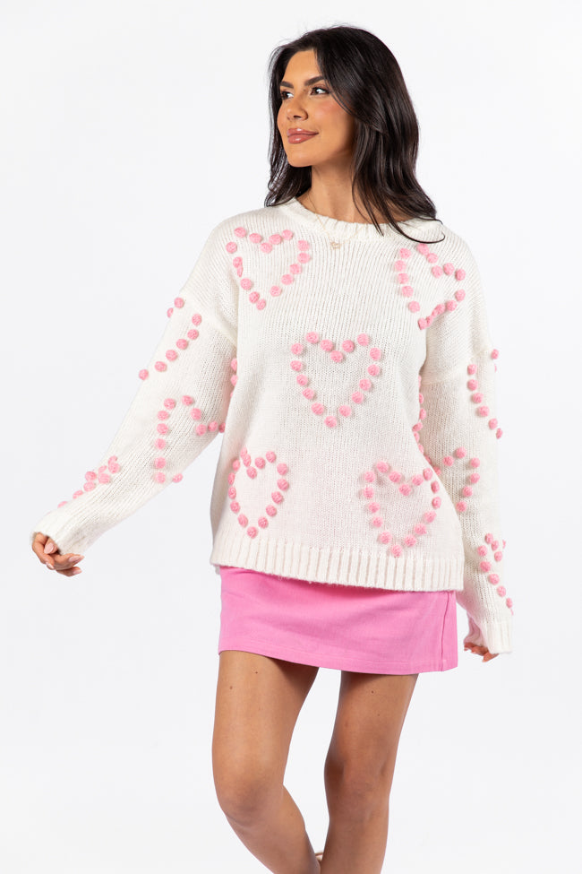 Adore You Ivory and Pink Oversized Heart Pom Sweater FINAL SALE-Sunny Prom