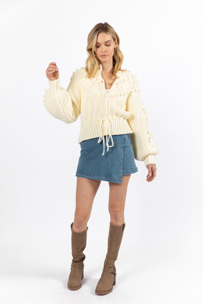 Pom Party Cream Chunky Cinched Waist Cardigan FINAL SALE-Sunny Prom
