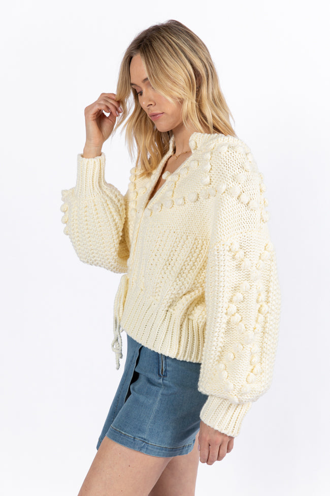 Pom Party Cream Chunky Cinched Waist Cardigan FINAL SALE-Sunny Prom