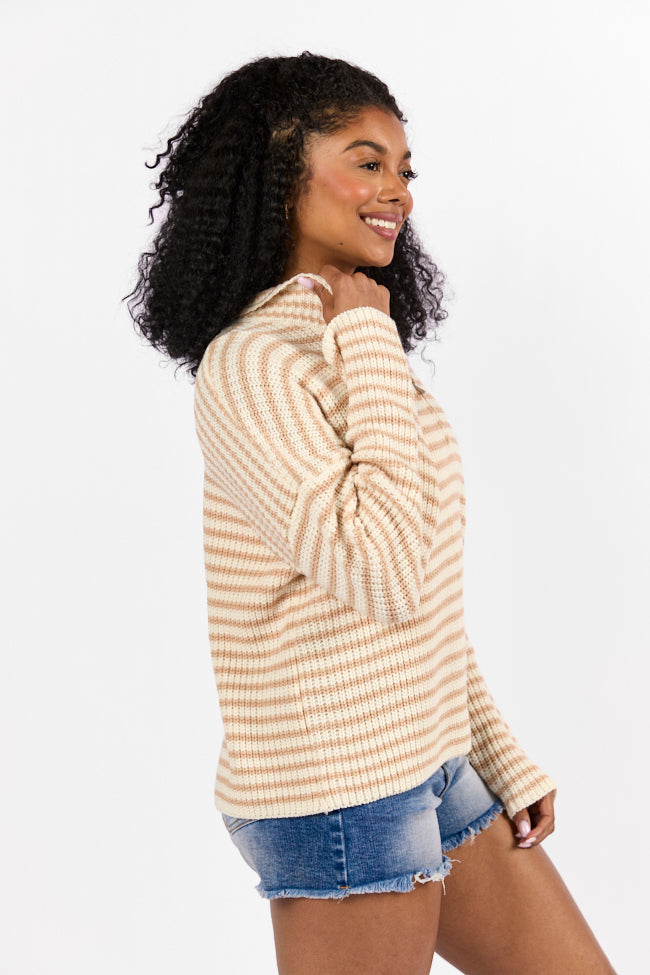 Bayside Breeze Ivory and Tan Stripe Quarter Zip Pullover Sweater FINAL SALE-Sunny Prom