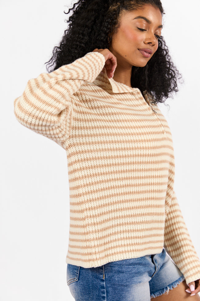 Bayside Breeze Ivory and Tan Stripe Quarter Zip Pullover Sweater FINAL SALE-Sunny Prom