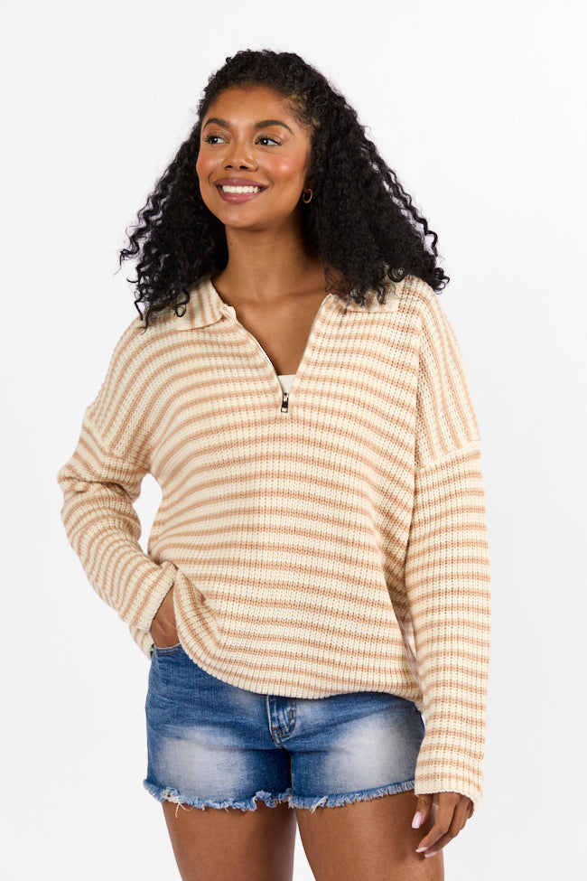 Bayside Breeze Ivory and Tan Stripe Quarter Zip Pullover Sweater FINAL SALE-Sunny Prom