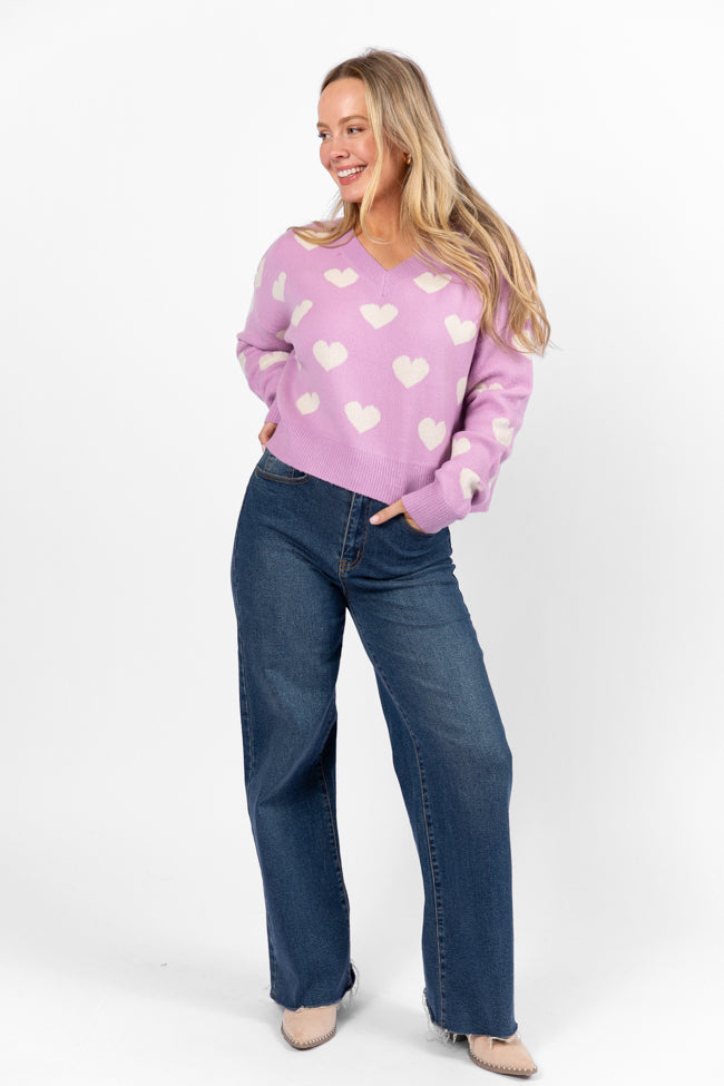By The Book Lilac Hearts V-Neck Sweater FINAL SALE-Sunny Prom