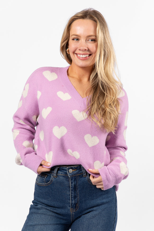 By The Book Lilac Hearts V-Neck Sweater FINAL SALE-Sunny Prom