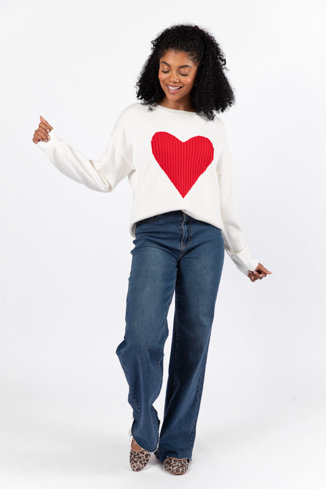 In My Heart Ivory and Red Cable Knit Heart Sweater FINAL SALE-Sunny Prom