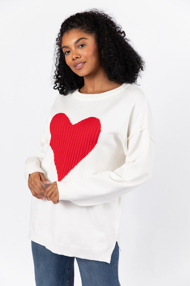 In My Heart Ivory and Red Cable Knit Heart Sweater FINAL SALE-Sunny Prom