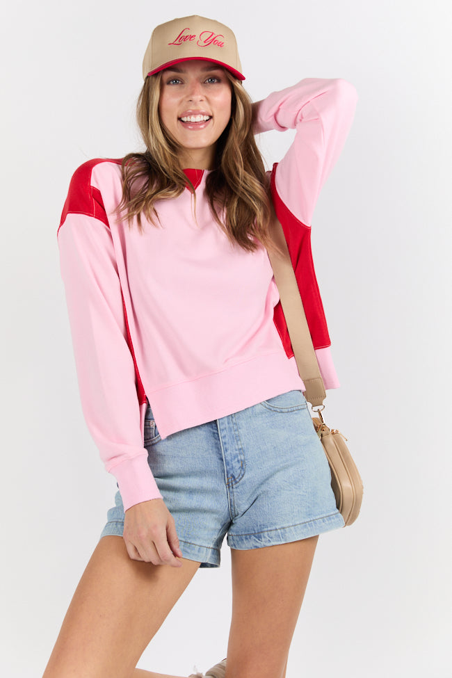 Far Between Pink and Red Contrast Trim Crew Neck Sweatshirt FINAL SALE-Sunny Prom