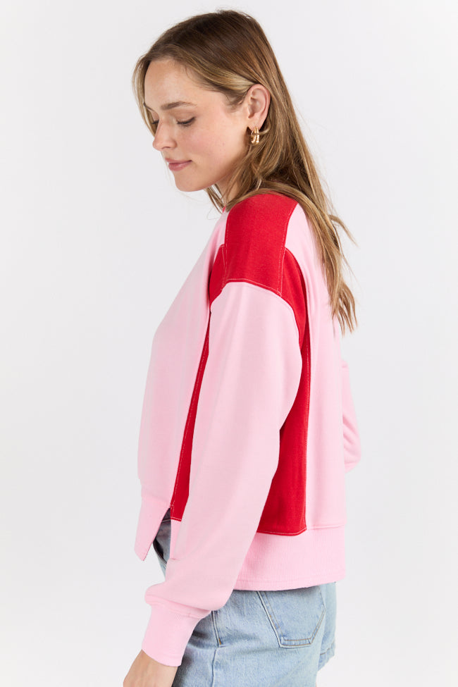 Far Between Pink and Red Contrast Trim Crew Neck Sweatshirt FINAL SALE-Sunny Prom
