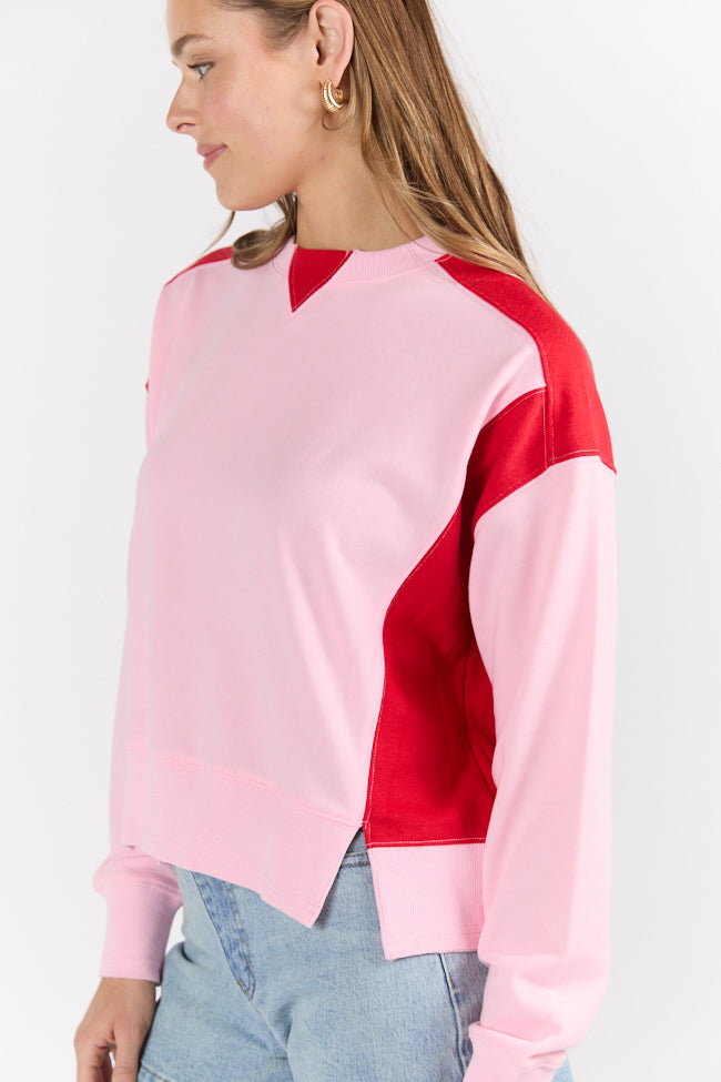 Far Between Pink and Red Contrast Trim Crew Neck Sweatshirt FINAL SALE-Sunny Prom