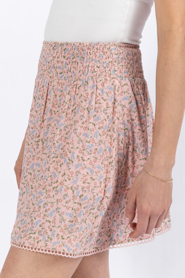 Through The Garden Pink Multi Floral Eyelet Trim Mini Skort SALE-Sunny Prom