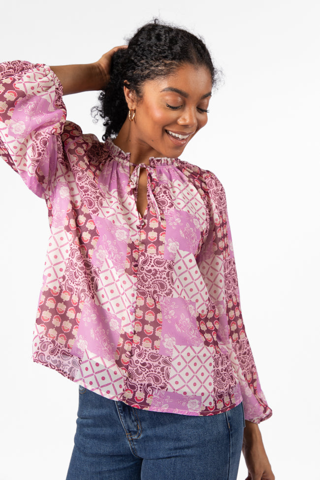 Fade Into You Purple Multi Button Detail Printed Blouse FINAL SALE-Sunny Prom