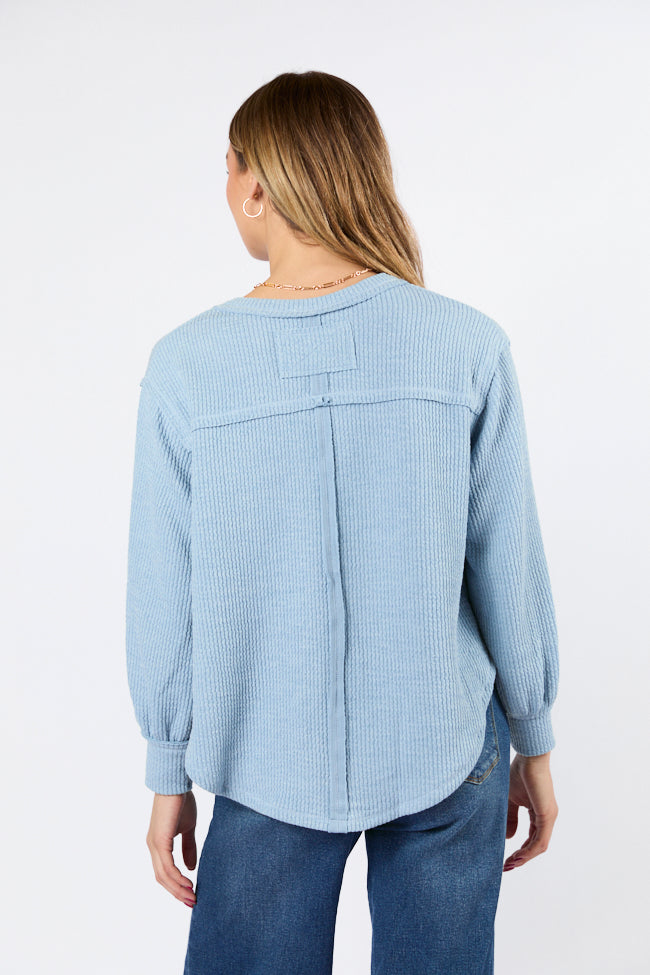 Never Say Never Dusty Blue Ribbed Knit V-Neck Long Sleeve Top FINAL SALE-Sunny Prom