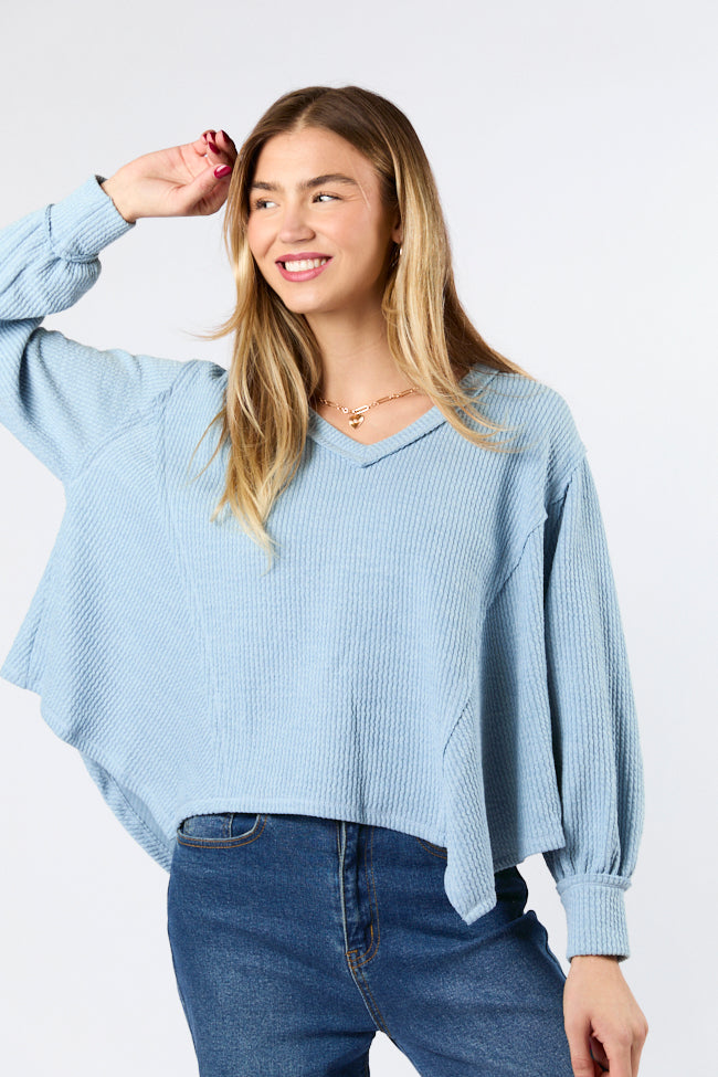 Never Say Never Dusty Blue Ribbed Knit V-Neck Long Sleeve Top FINAL SALE-Sunny Prom