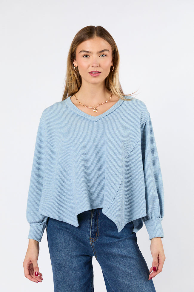 Never Say Never Dusty Blue Ribbed Knit V-Neck Long Sleeve Top FINAL SALE-Sunny Prom