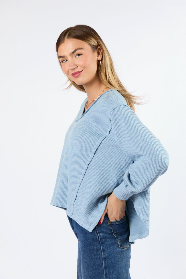 Never Say Never Dusty Blue Ribbed Knit V-Neck Long Sleeve Top FINAL SALE-Sunny Prom