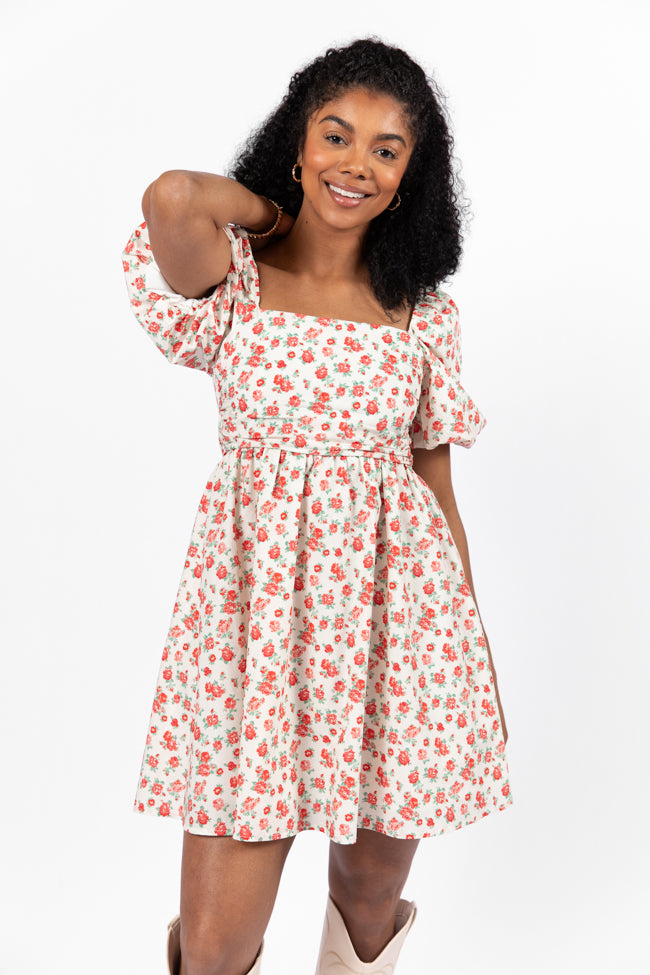 I'm Just A Girl Ivory and Red Rosette Printed Mini Dress FINAL SALE-Sunny Prom