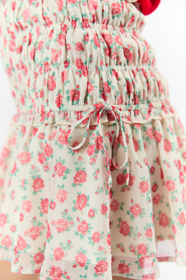 Cross My Path Ivory and Red Drop Smocked Waist Mini Skort FINAL SALE-Sunny Prom