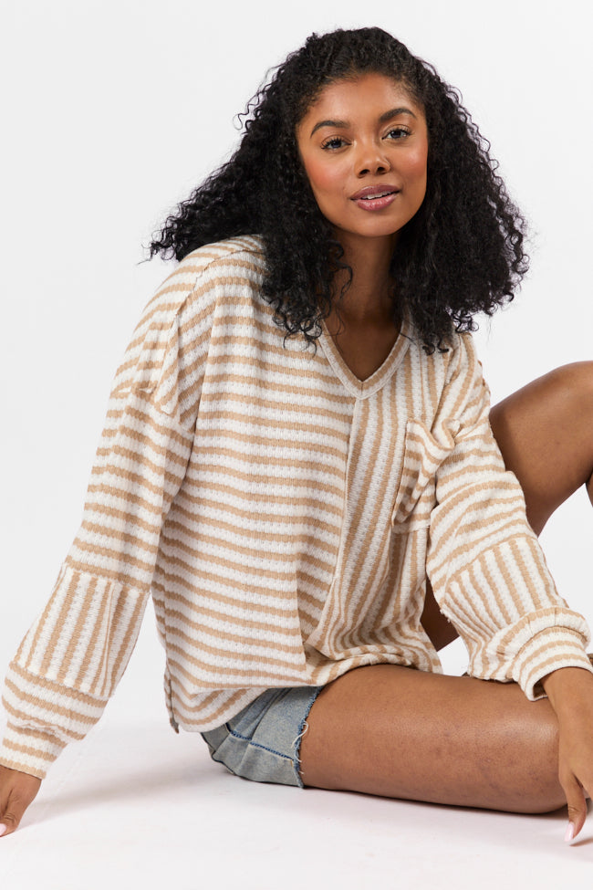 All For Sun Tan and Ivory Striped Knit V-Neck Long Sleeve Tee FINAL SALE-Sunny Prom