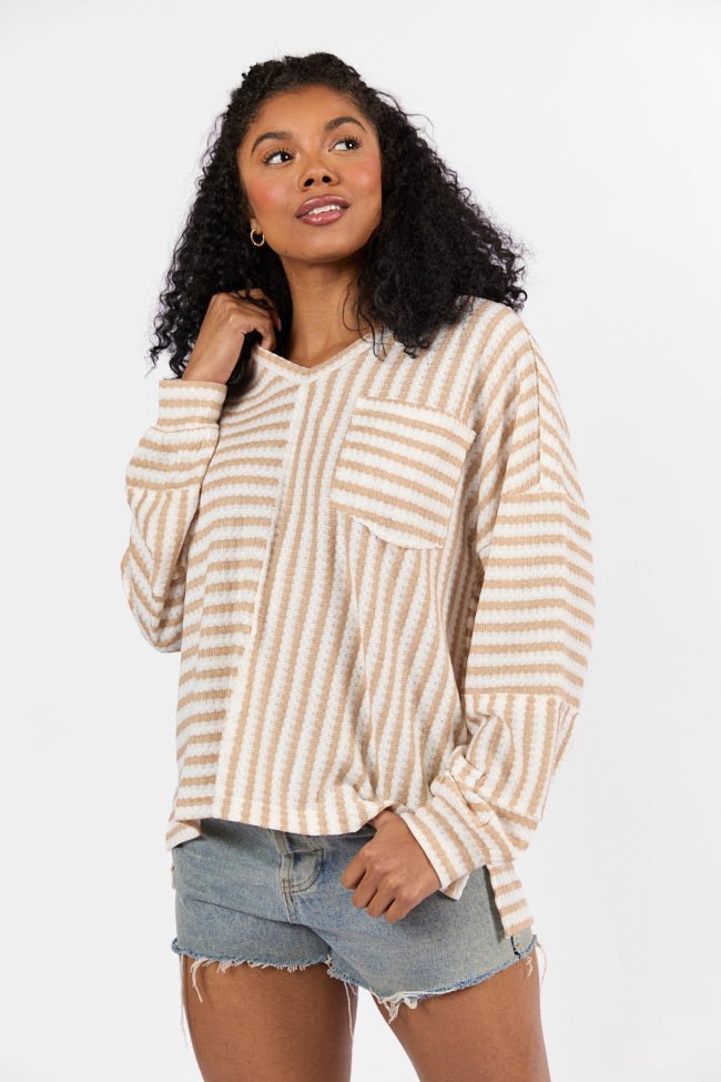 All For Sun Tan and Ivory Striped Knit V-Neck Long Sleeve Tee FINAL SALE-Sunny Prom