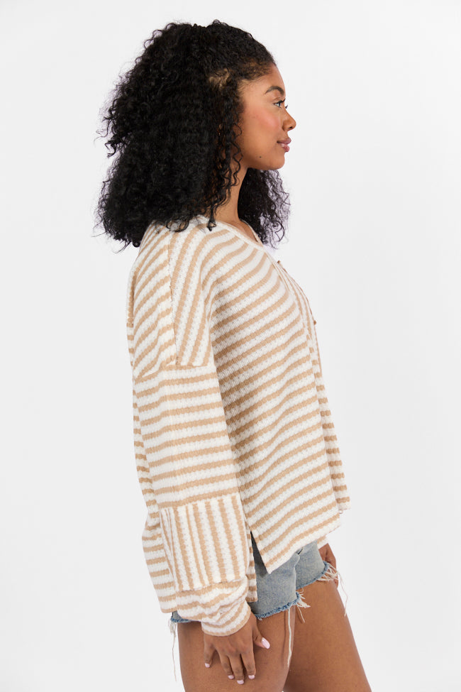 All For Sun Tan and Ivory Striped Knit V-Neck Long Sleeve Tee FINAL SALE-Sunny Prom