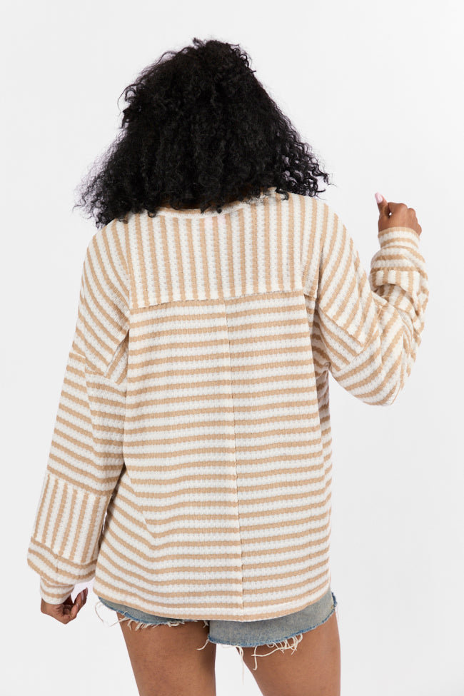 All For Sun Tan and Ivory Striped Knit V-Neck Long Sleeve Tee FINAL SALE-Sunny Prom