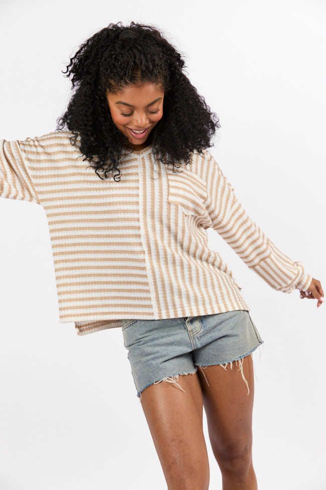 All For Sun Tan and Ivory Striped Knit V-Neck Long Sleeve Tee FINAL SALE-Sunny Prom