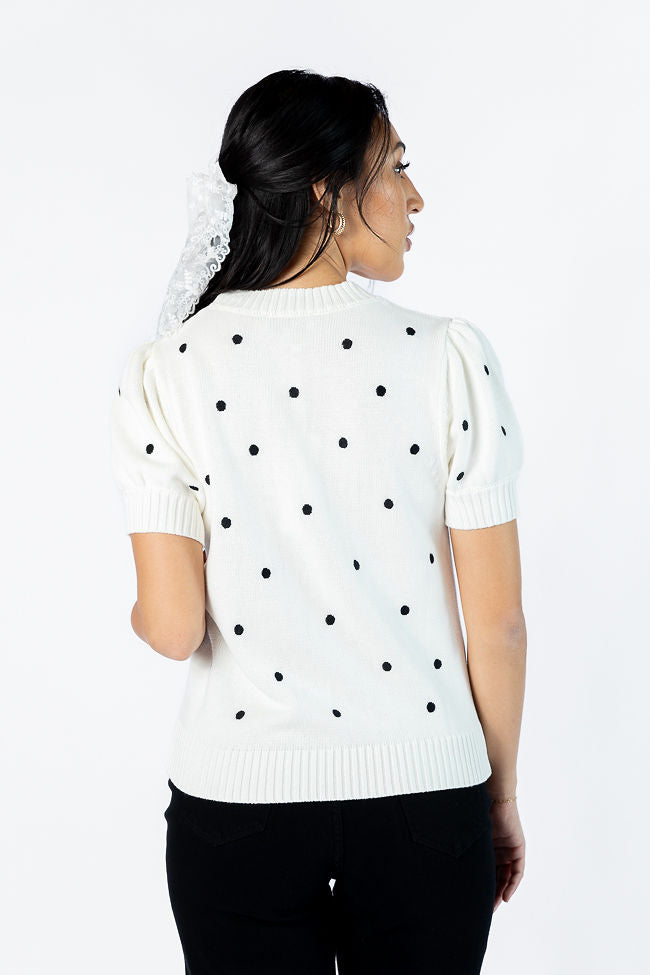 Polka Dot Daydreams Ivory and Black Short Sleeve Sweater FINAL SALE-Sunny Prom