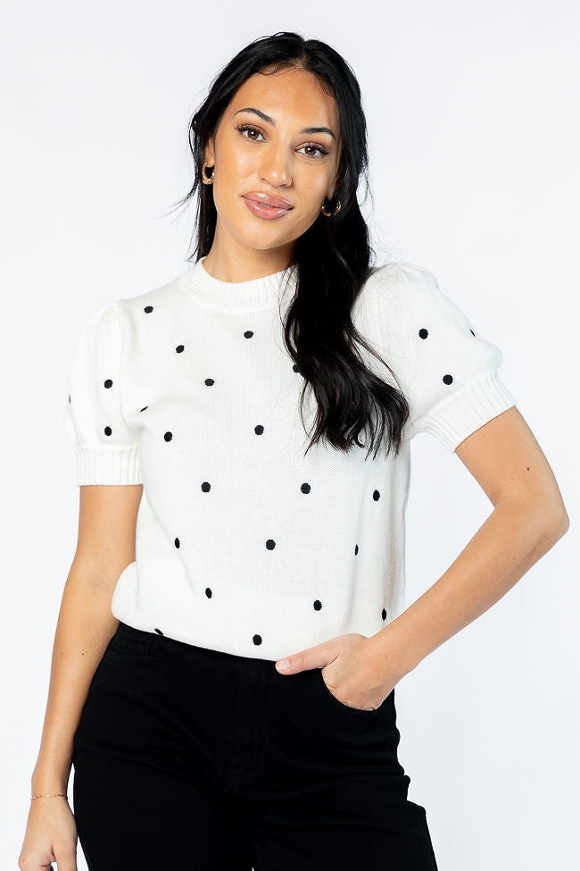 Polka Dot Daydreams Ivory and Black Short Sleeve Sweater FINAL SALE-Sunny Prom