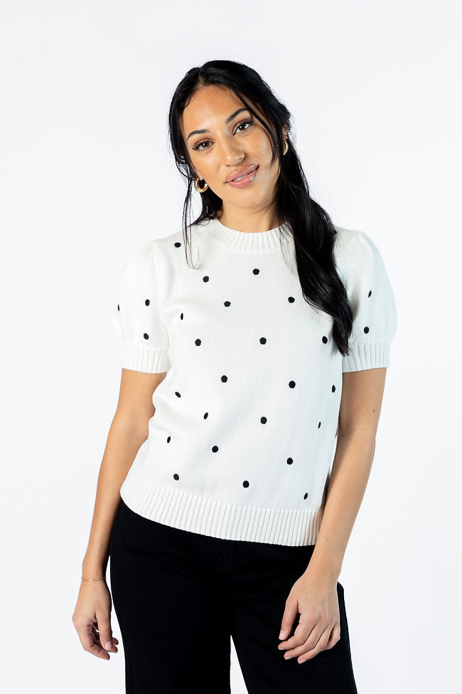 Polka Dot Daydreams Ivory and Black Short Sleeve Sweater FINAL SALE-Sunny Prom