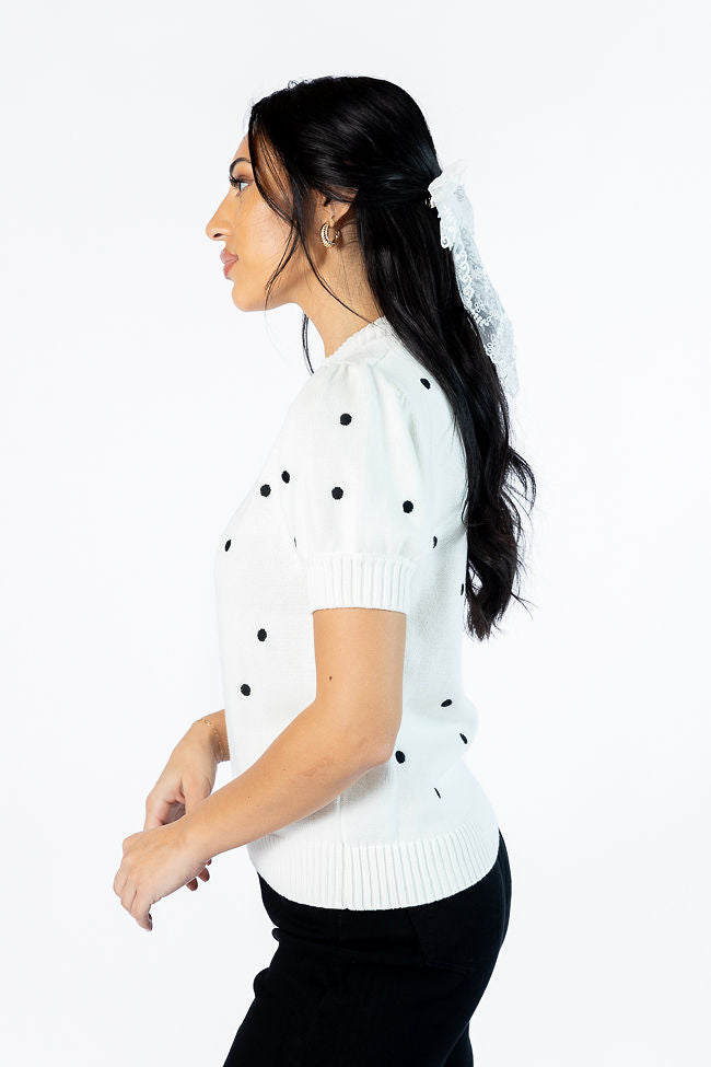 Polka Dot Daydreams Ivory and Black Short Sleeve Sweater FINAL SALE-Sunny Prom