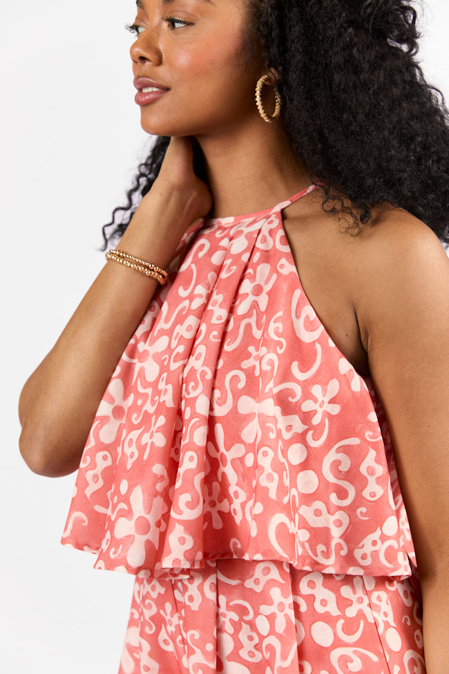 Spotlight Moment Coral Print Halter Neck Romper FINAL SALE-Sunny Prom
