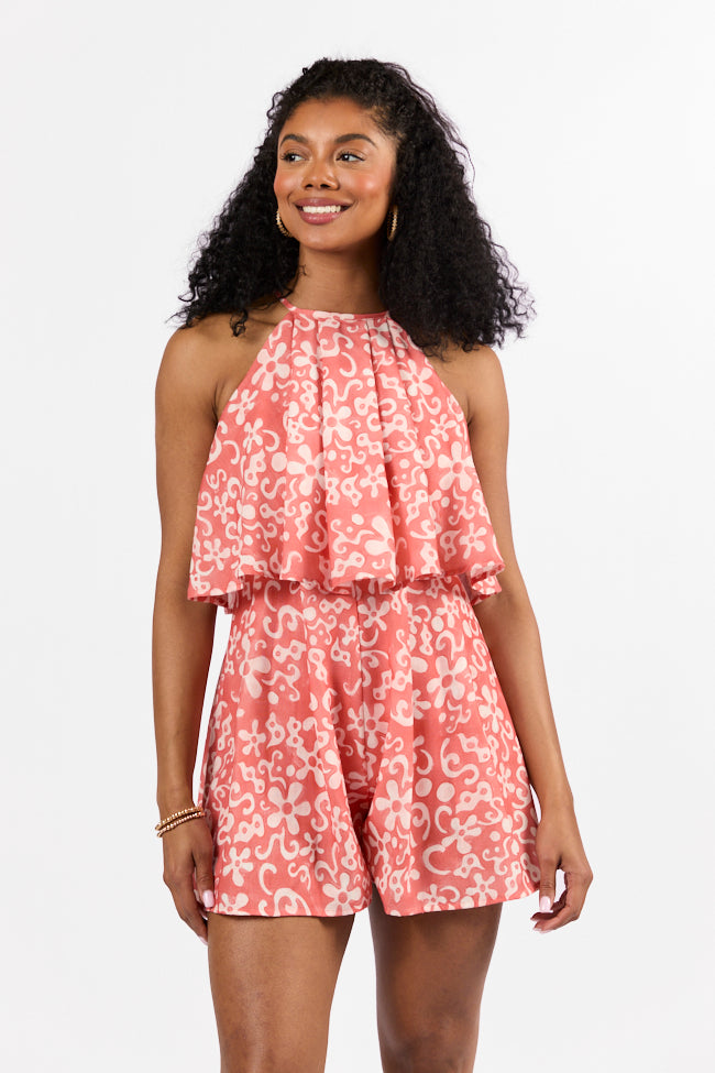 Spotlight Moment Coral Print Halter Neck Romper FINAL SALE-Sunny Prom