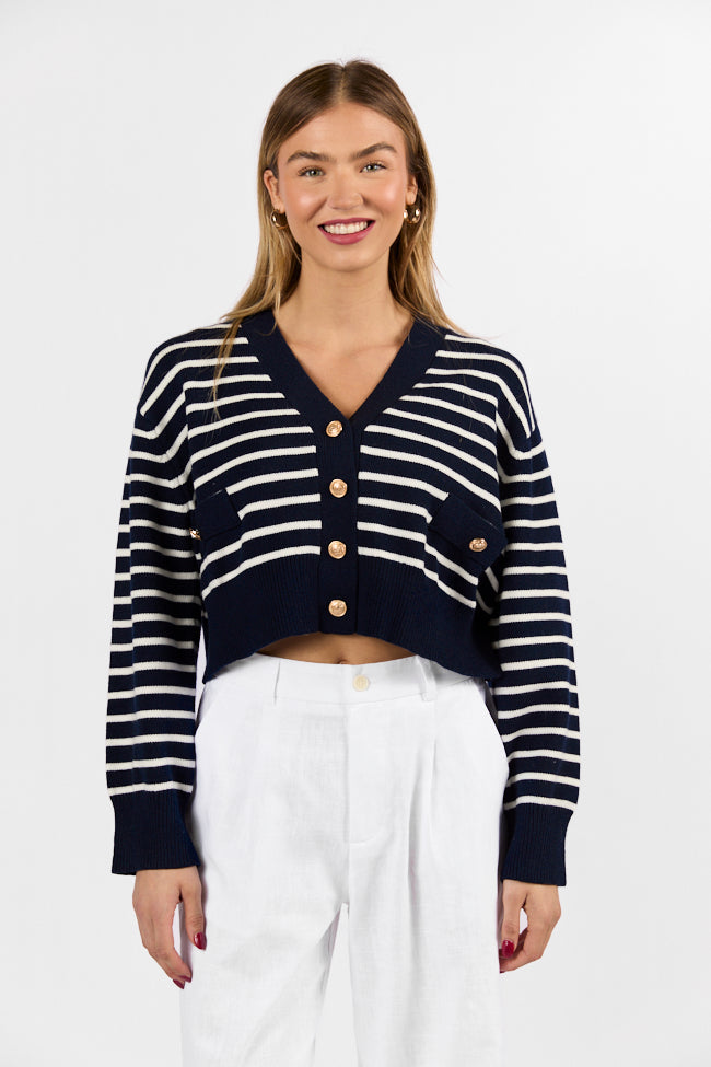 Back In Style Navy and Ivory Striped Cardigan-Sunny Prom