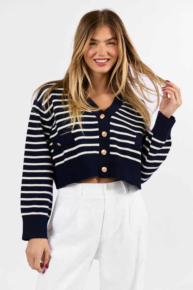 Back In Style Navy and Ivory Striped Cardigan-Sunny Prom