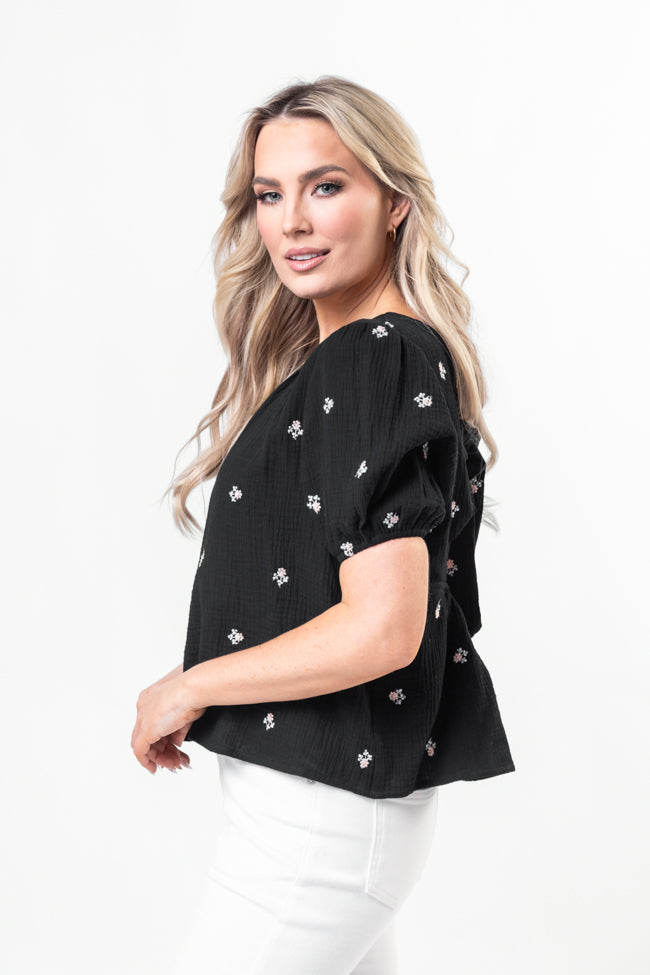 Endless Charm Black Floral Embroidered Gauze Blouse-Sunny Prom