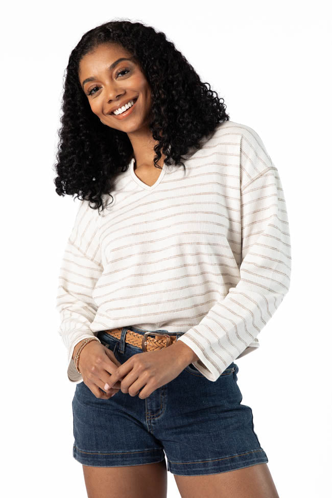 Many Beginnings Cream and Beige Striped Notched Neck Tee FINAL SALE-Sunny Prom