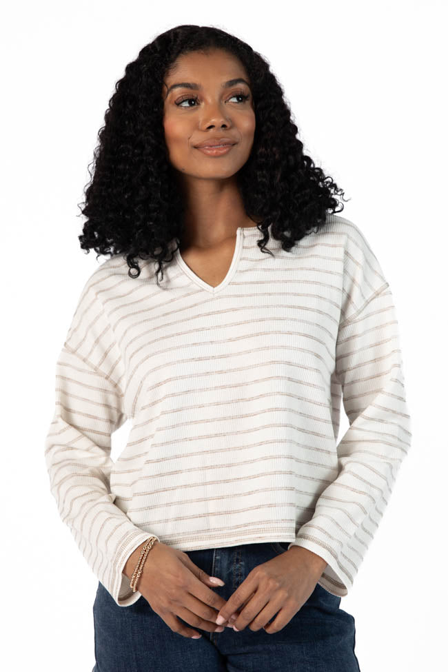 Many Beginnings Cream and Beige Striped Notched Neck Tee FINAL SALE-Sunny Prom