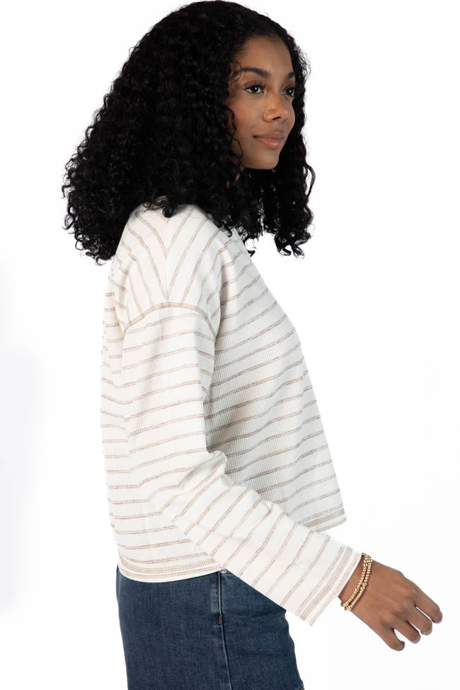 Many Beginnings Cream and Beige Striped Notched Neck Tee FINAL SALE-Sunny Prom