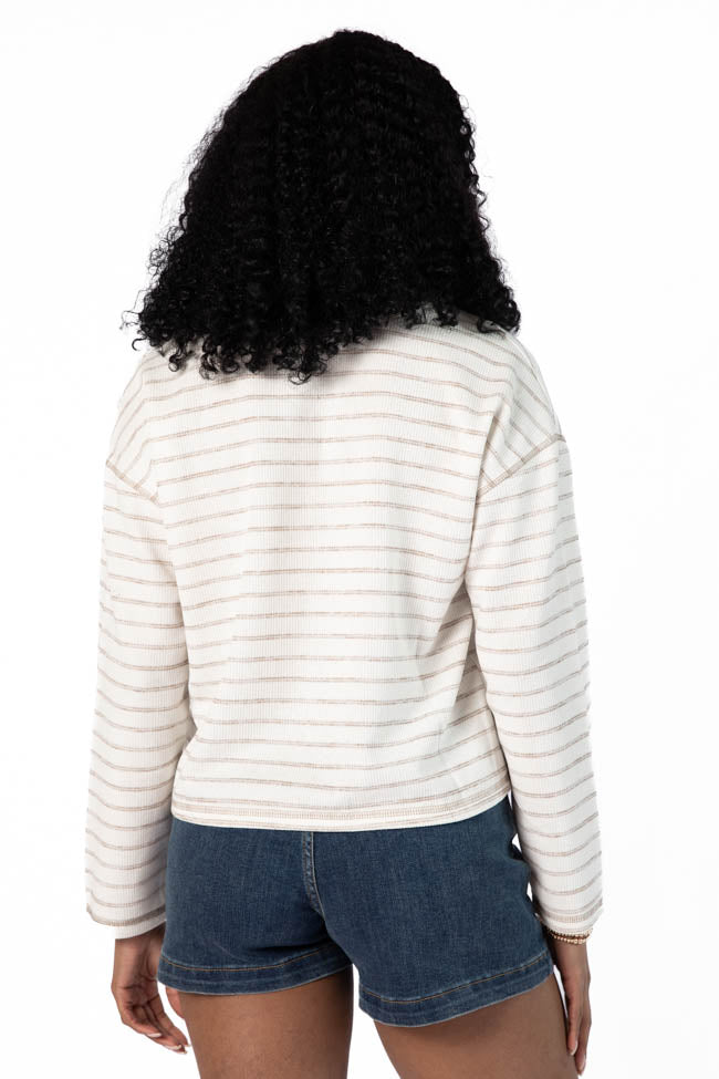 Many Beginnings Cream and Beige Striped Notched Neck Tee FINAL SALE-Sunny Prom