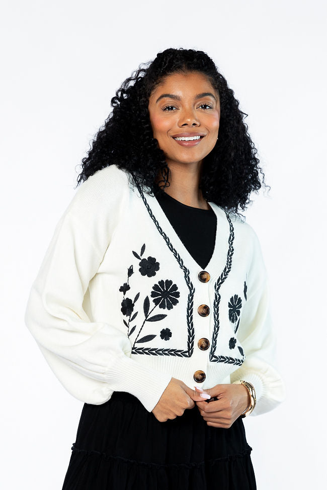 Bloom With Grace Ivory and Black Floral Embroidered Cardigan FINAL SALE-Sunny Prom