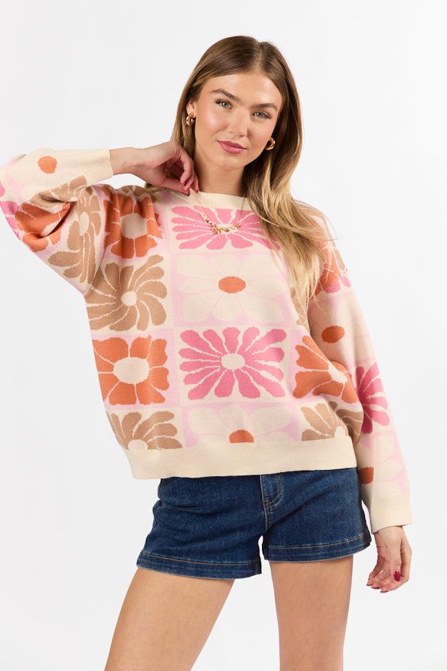 Gracious Gardens Coral Multi Block Floral Sweater FINAL SALE-Sunny Prom
