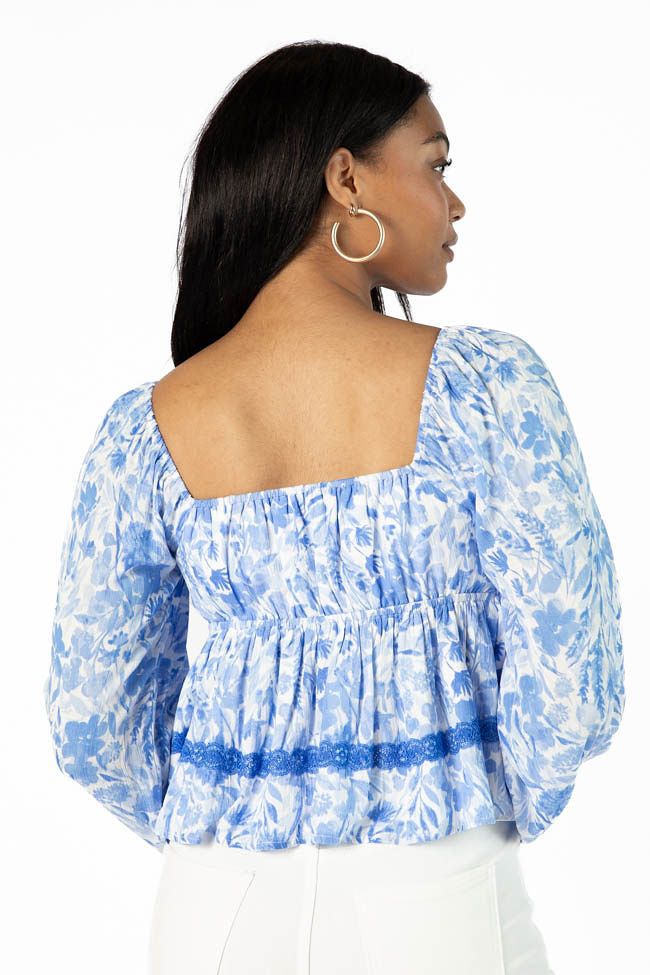 In My Dreams Blue Lace Trim Floral Blouse SALE-Sunny Prom