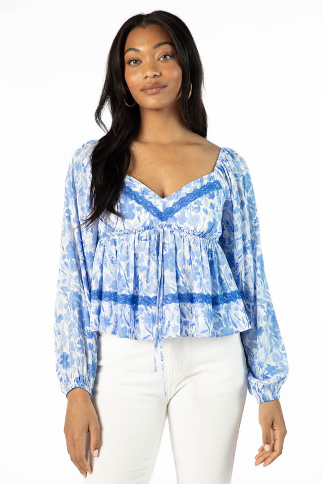 In My Dreams Blue Lace Trim Floral Blouse SALE-Sunny Prom