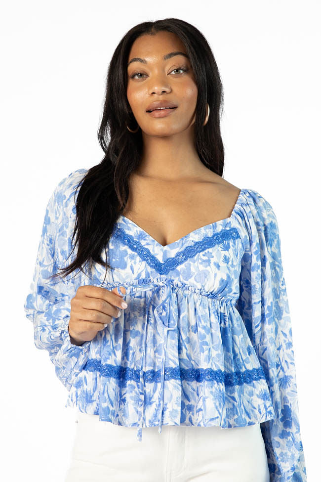 In My Dreams Blue Lace Trim Floral Blouse SALE-Sunny Prom