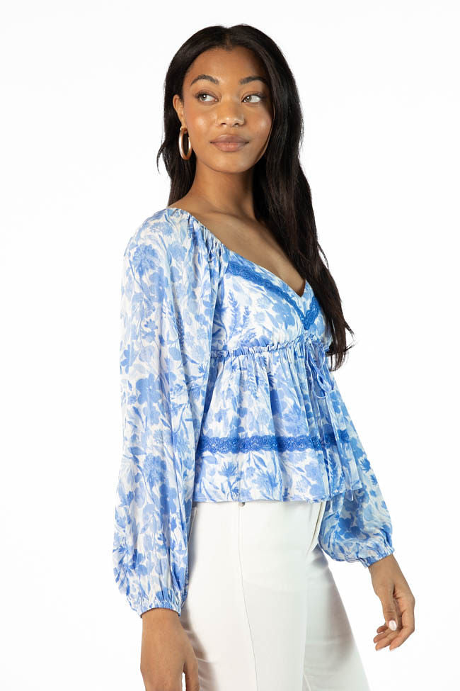 In My Dreams Blue Lace Trim Floral Blouse SALE-Sunny Prom