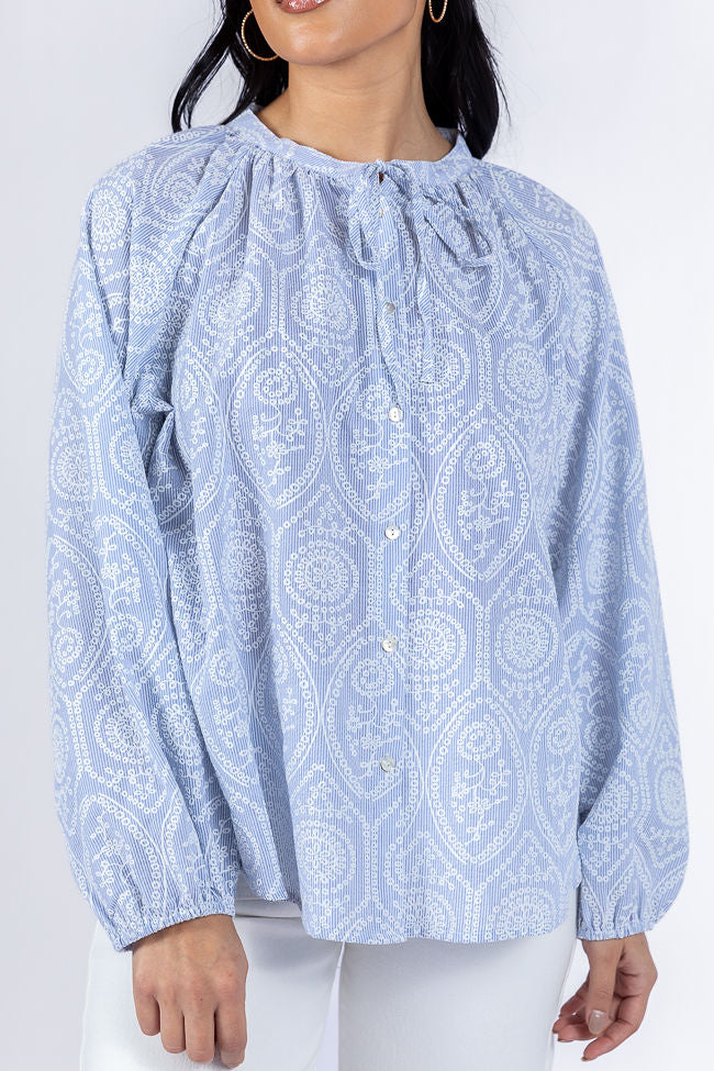 Downtown Delight Blue Embroidered Woven Button Down Blouse FINAL SALE-Sunny Prom