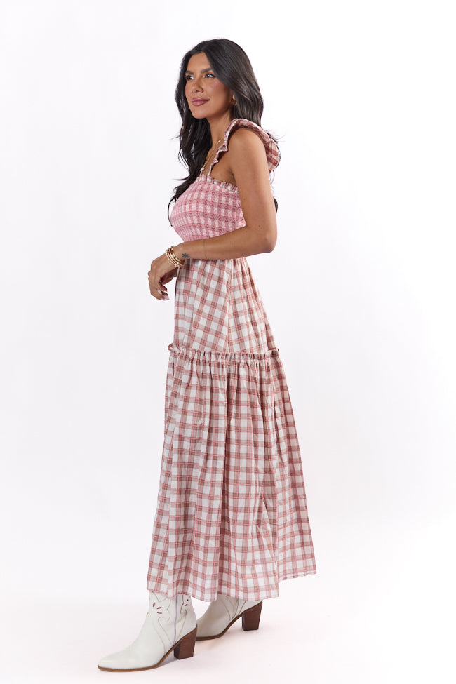 Checked Treasures Pink and Brown Plaid Tiered Midi Dress SALE-Sunny Prom