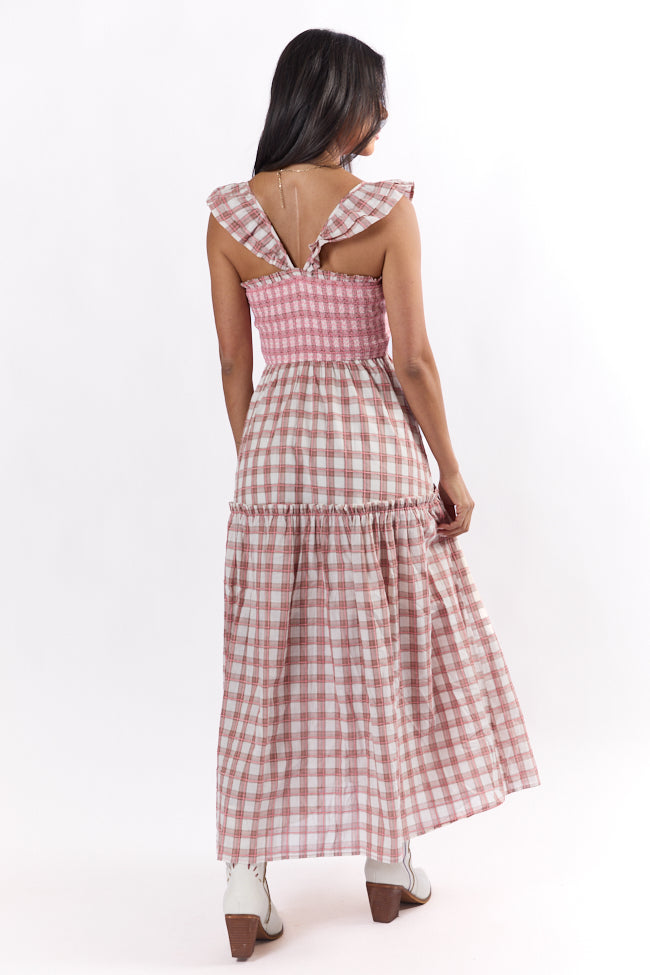 Checked Treasures Pink and Brown Plaid Tiered Midi Dress SALE-Sunny Prom